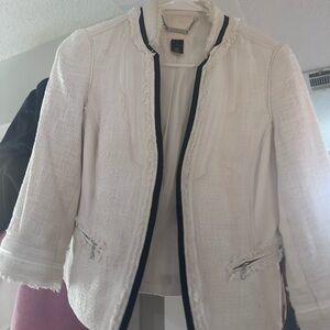 White House Black Market Textured White Blazer with Black Trim
